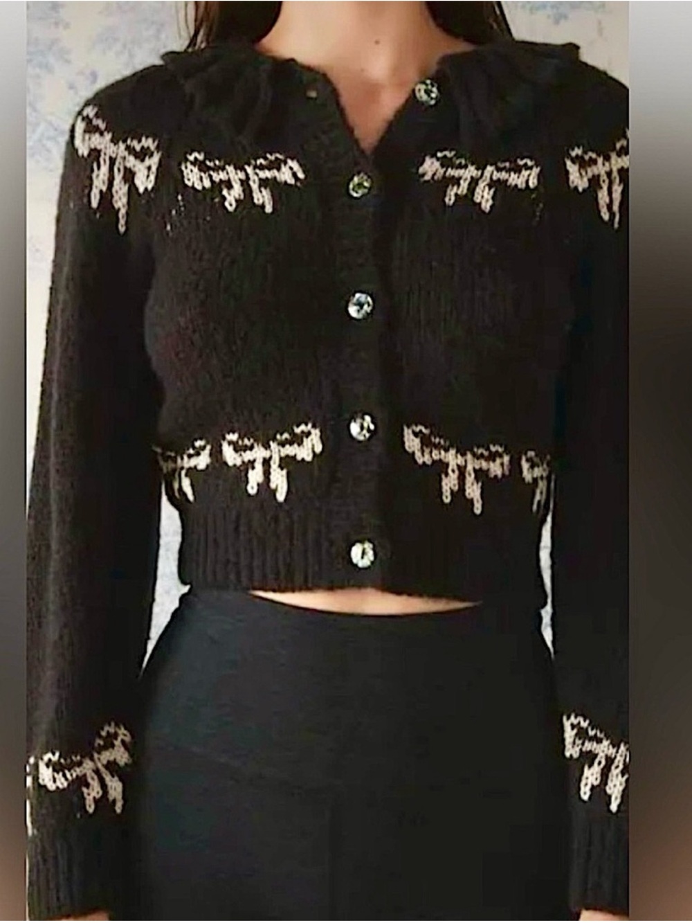 Kimchi Blue Marabell Bow Button Down Cardigan in Black with White - Picture 6 of 16
